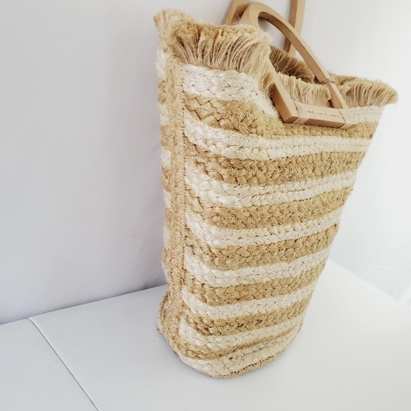 Antik Kraft Striped Jute Tote Ivory Large Beach Coastal Wood Handle Bag NEW - Picture 5 of 14